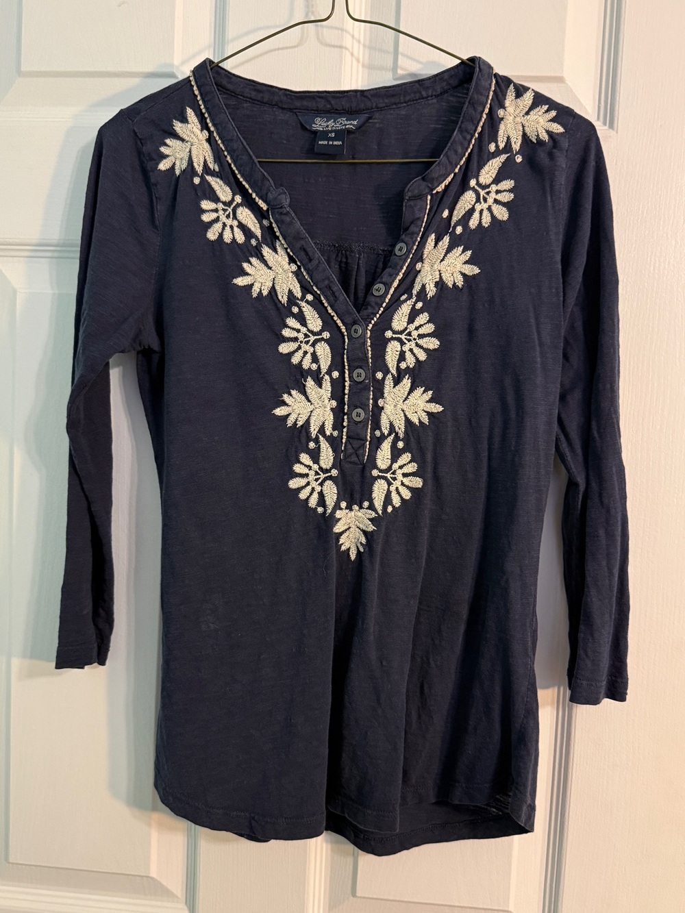 Lucky brand Embroidered navy V-Neck Tunic Top